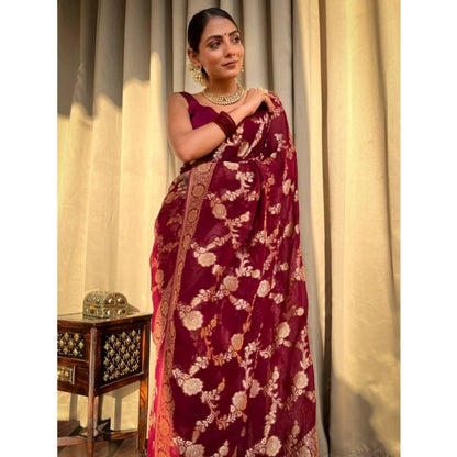 Generic Women's Silk Printed Saree With Unstitched Blouse 5.5Mtr (Maroon)