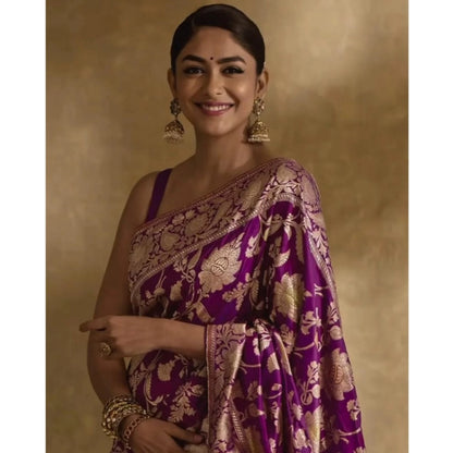 Generic Women's Silk Printed Saree With Unstitched Blouse 5.5Mtr (Purple)