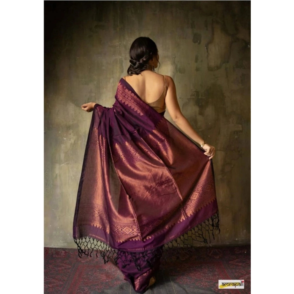 Generic Women's Silk Printed Saree With Unstitched Blouse 5.5Mtr (Wine)