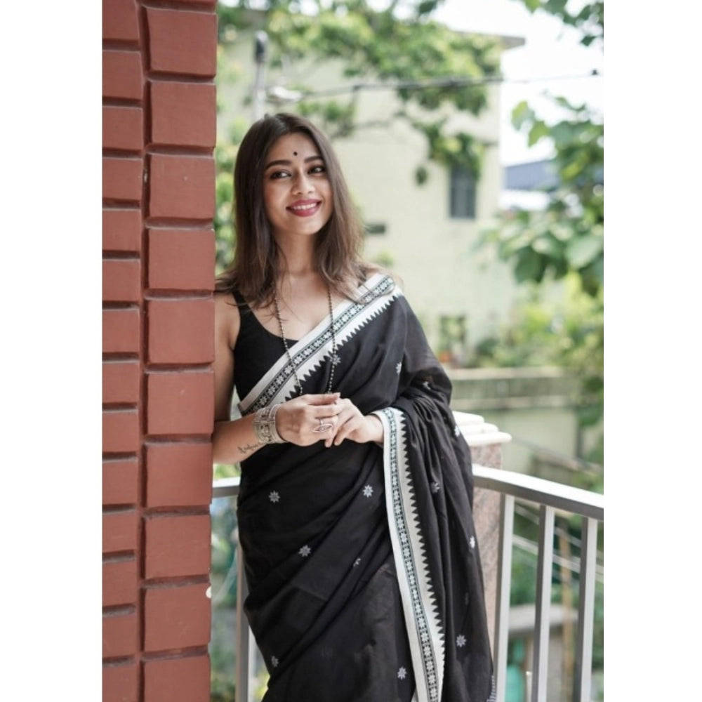 Generic Women's Cotton  Printed Saree With Unstitched Blouse 5.5Mtr (Black)