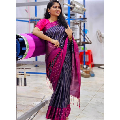 Generic Women's Silk Printed Saree With Unstitched Blouse 5.5Mtr (Navy Blue)