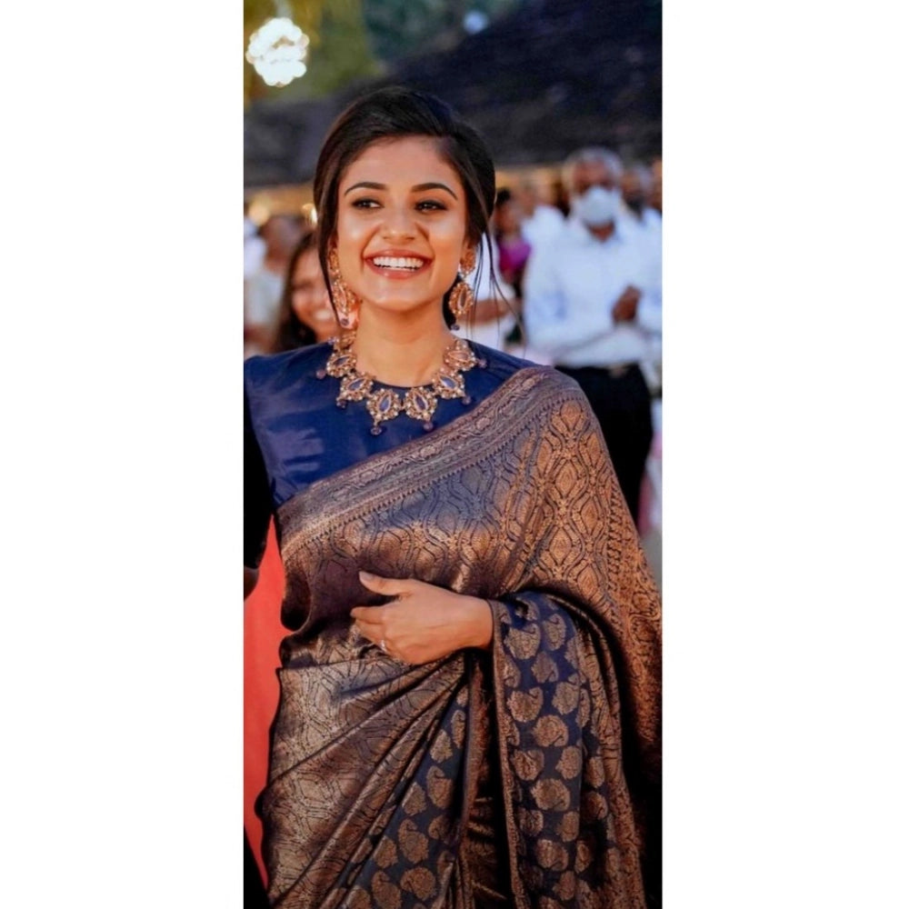 Generic Women's Silk Printed Saree With Unstitched Blouse 5.5Mtr (Blue)
