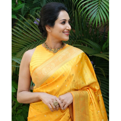 Generic Women's Silk Printed Saree With Unstitched Blouse 5.5Mtr (Yellow)