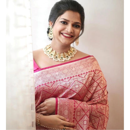 Generic Women's Silk Printed Saree With Unstitched Blouse 5.5Mtr (Pink)