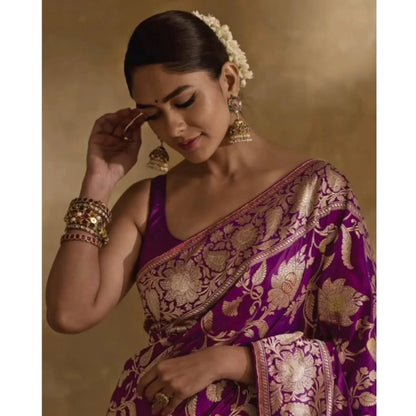 Generic Women's Silk Printed Saree With Unstitched Blouse 5.5Mtr (Purple)