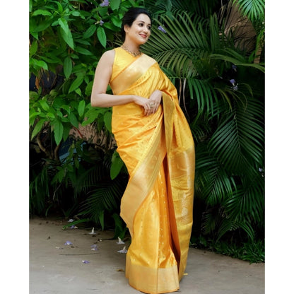 Generic Women's Silk Printed Saree With Unstitched Blouse 5.5Mtr (Yellow)