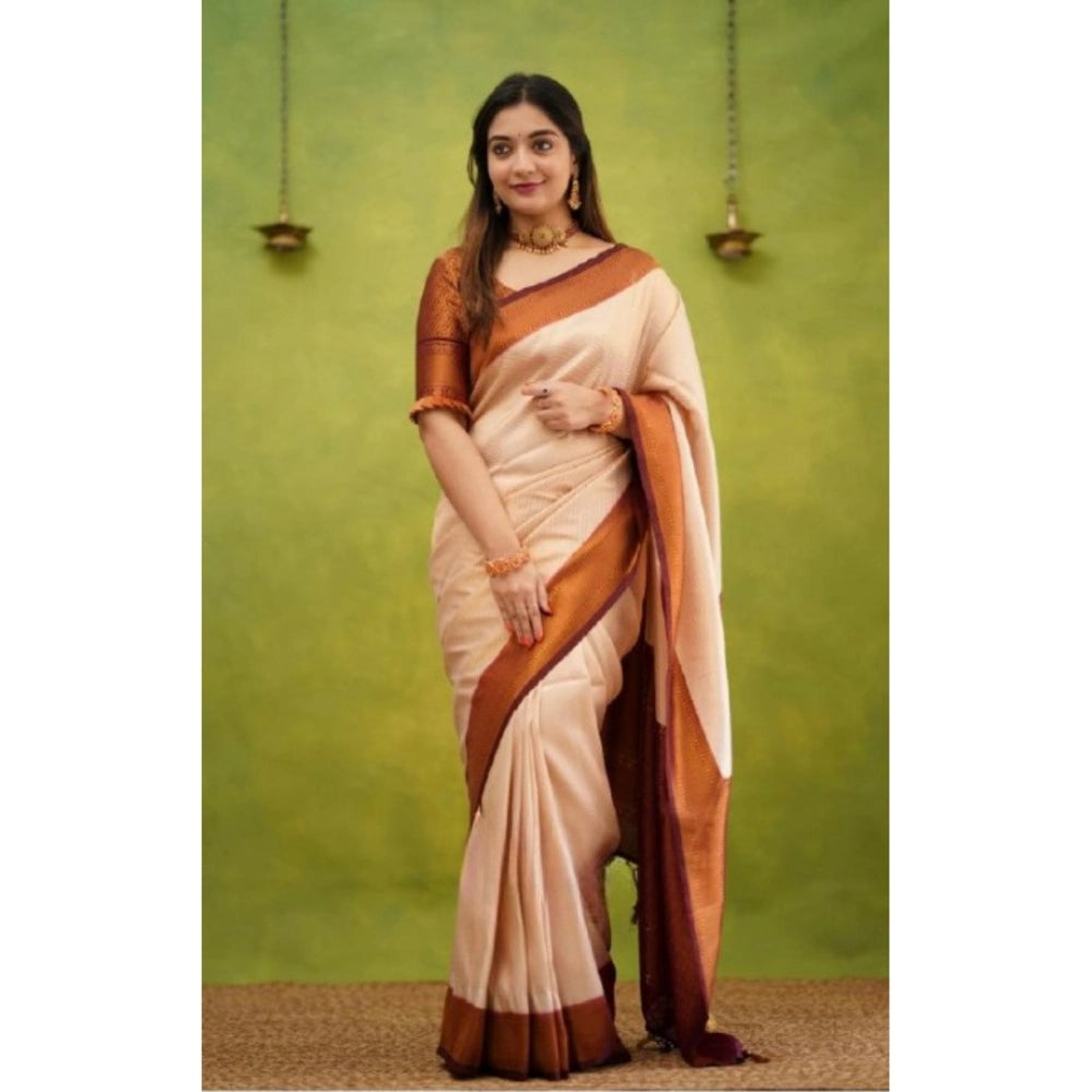 Generic Women's Silk Printed Saree With Unstitched Blouse 5.5Mtr (Cream)