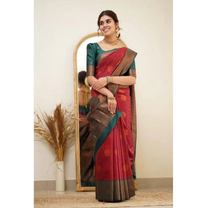 Generic Women's Silk Printed Saree With Unstitched Blouse 5.5Mtr (Red)