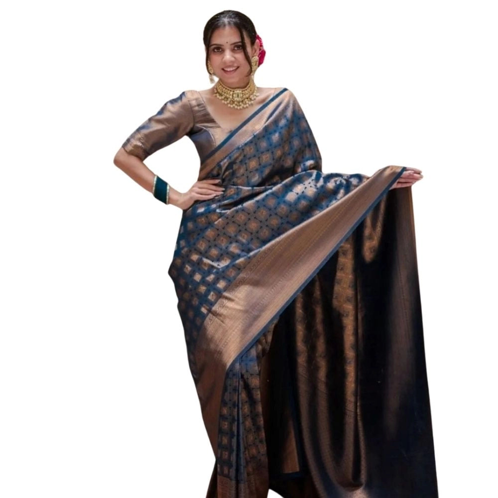 Generic Women's Silk Printed Saree With Unstitched Blouse 5.5Mtr (Blue)