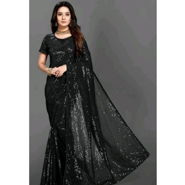 Generic Women's Georgette Embellished Sequnece Bollywood Saree With Unstitched Blouse 5.5Mtr (Black)