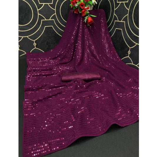 Generic Women's Georgette Embellished Sequnece Bollywood Saree With Unstitched Blouse 5.5Mtr (Purple)