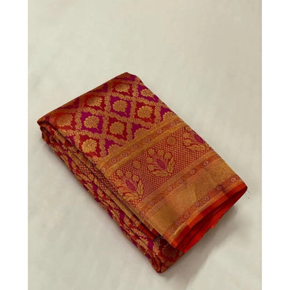 Generic Women's Silk Printed Saree With Unstitched Blouse 5.5Mtr (Red)