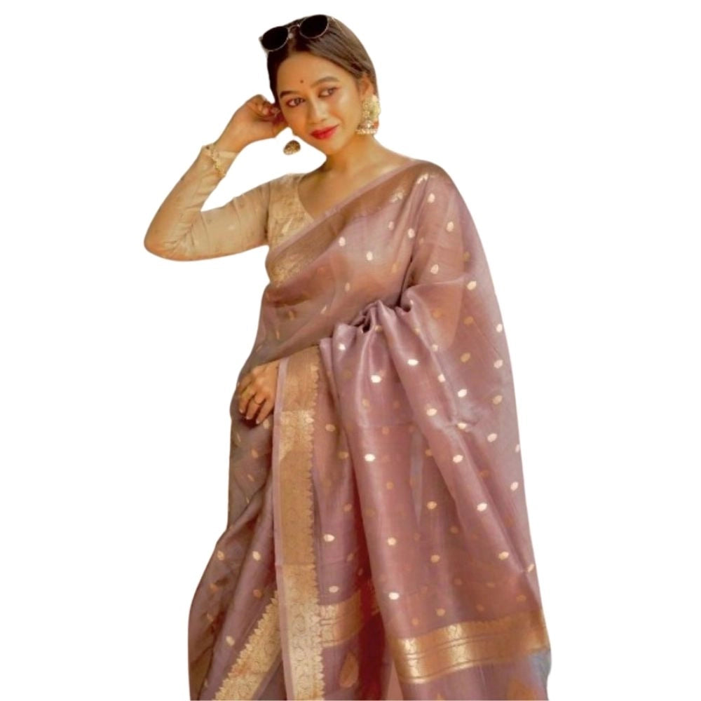 Generic Women's Cotton  Printed Saree With Unstitched Blouse 5.5Mtr (Rose Gold)