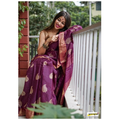 Generic Women's Silk Printed Saree With Unstitched Blouse 5.5Mtr (Purple)