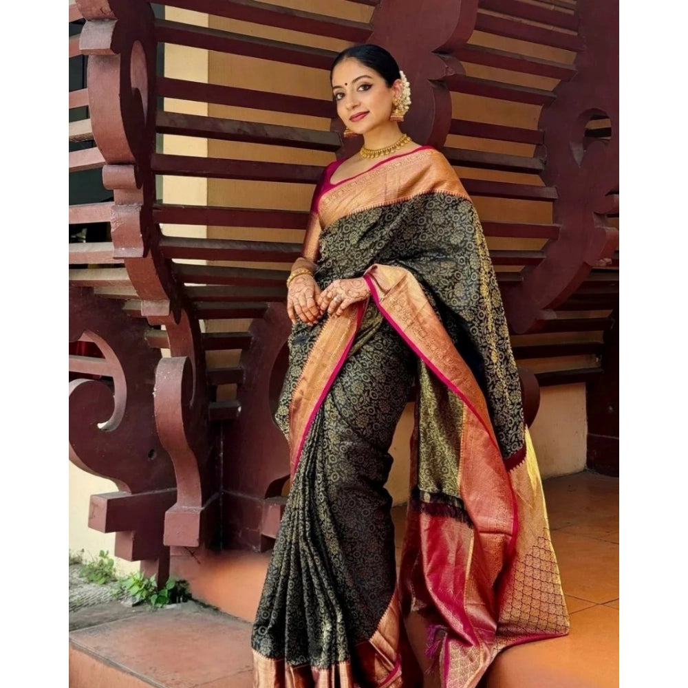 Generic Women's Silk Printed Saree With Unstitched Blouse 5.5Mtr (Green)