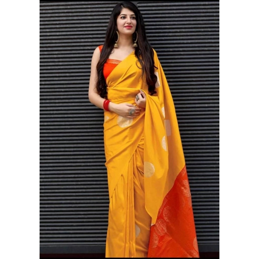 Generic Women's Soft Lichi Silk Printed Saree With Unstitched Blouse 5.5Mtr (Yellow)