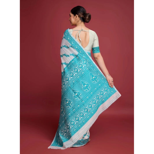 Generic Women's Jamdani Cotton Silk Printed Saree With Unstitched Blouse 5.5Mtr (Rama)