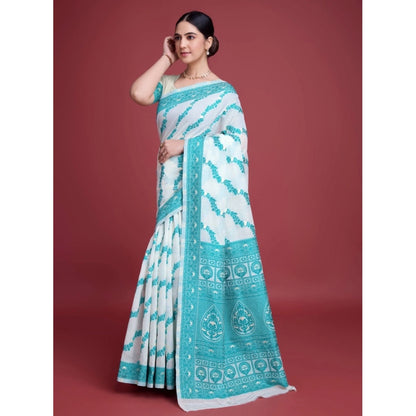 Generic Women's Jamdani Cotton Silk Printed Saree With Unstitched Blouse 5.5Mtr (Rama)