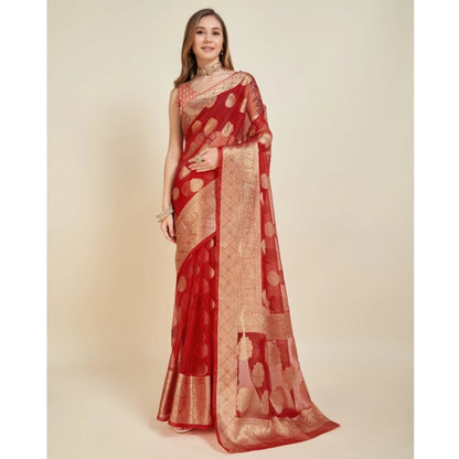 Generic Women's Soft Organza Silk Weaving Design Saree With Unstitched Blouse 5.5Mtr (Red)