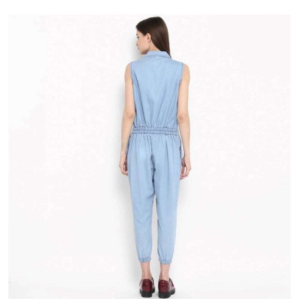 Generic Women's Denim Solid Sleeveless Jumpsuit (Blue)