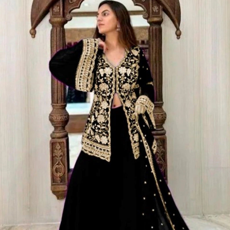 Generic Women's Georgette Embroidery 3-4th Sleeve V-Neck Kurti, Palazzo And Dupatta Set (Black)