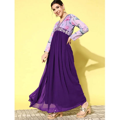 Generic Women's Georgette Embroidery 3-4th Sleeve V-Neck Kurti (Purple)