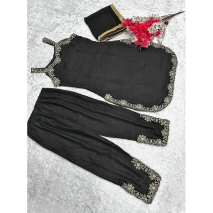 Generic Women's Georgette Embroidery Sleeveless Round Neck Kurti, Palazzo And Dupatta Set (Black)
