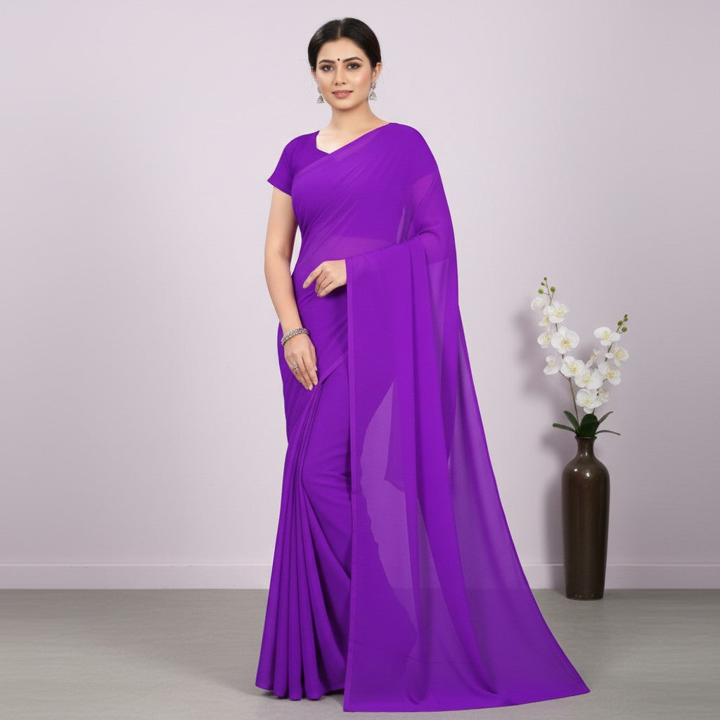 Generic Women's Georgette Plain Saree With Blouse (Purple, 5-6 Mtrs)