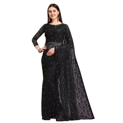 Generic Women's Net Self Design Saree With Unstitched Blouse 5.5Mtr (Black)