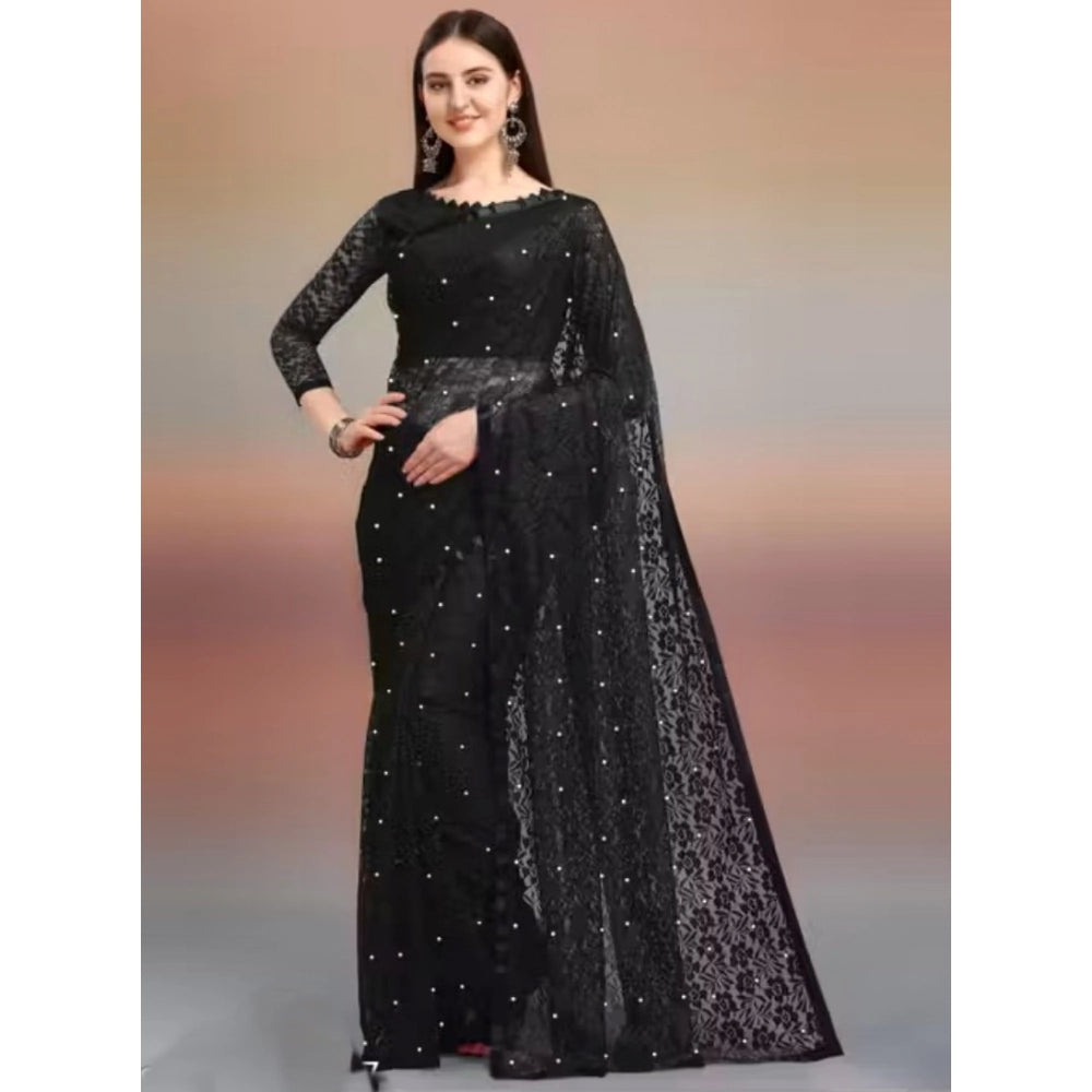 Generic Women's Net Self Design Saree With Unstitched Blouse 5.5Mtr (Black)