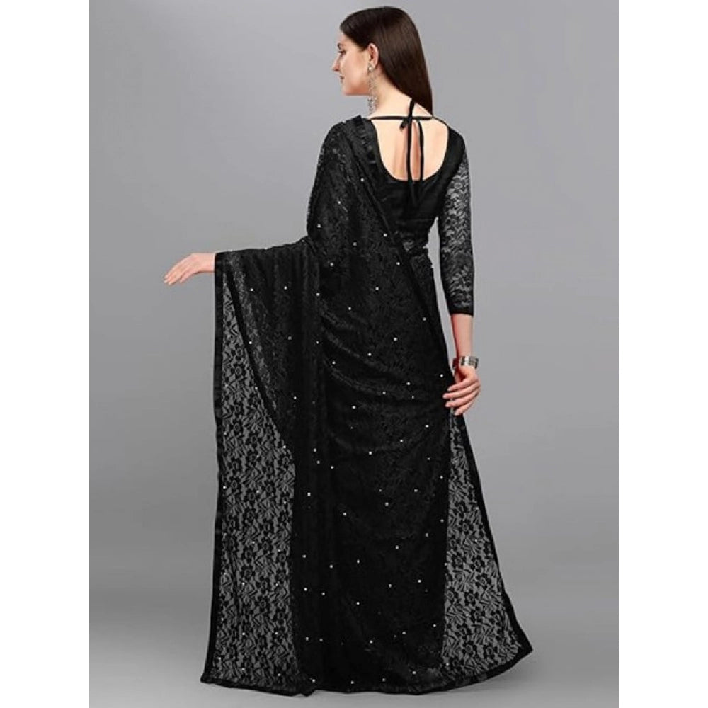 Generic Women's Net Self Design Saree With Unstitched Blouse 5.5Mtr (Black)