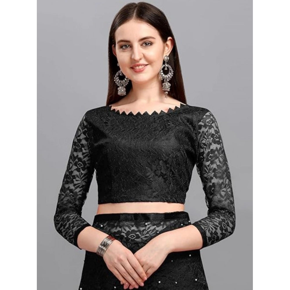 Generic Women's Net Self Design Saree With Unstitched Blouse 5.5Mtr (Black)