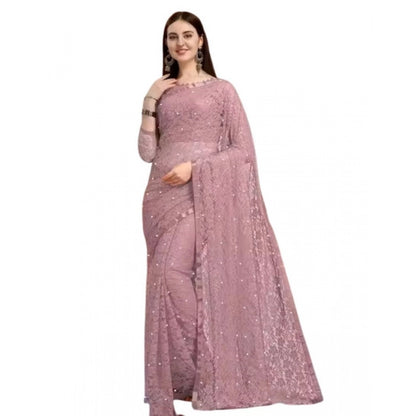 Generic Women's Net Self Design Saree With Unstitched Blouse 5.5Mtr (Light Brown)