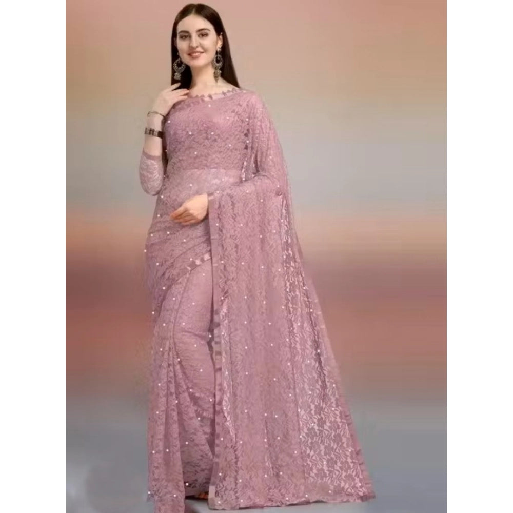 Generic Women's Net Self Design Saree With Unstitched Blouse 5.5Mtr (Light Brown)