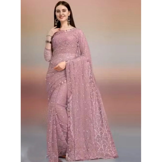 Generic Women's Net Self Design Saree With Unstitched Blouse 5.5Mtr (Light Brown)