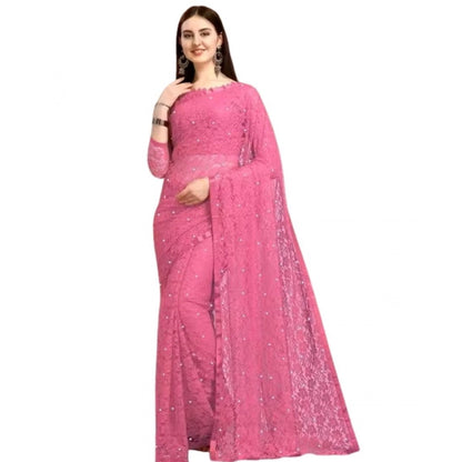 Generic Women's Net Self Design Saree With Unstitched Blouse 5.5Mtr (Dark Pink)