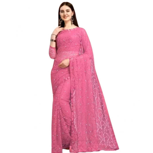 Generic Women's Net Self Design Saree With Unstitched Blouse 5.5Mtr (Dark Pink)