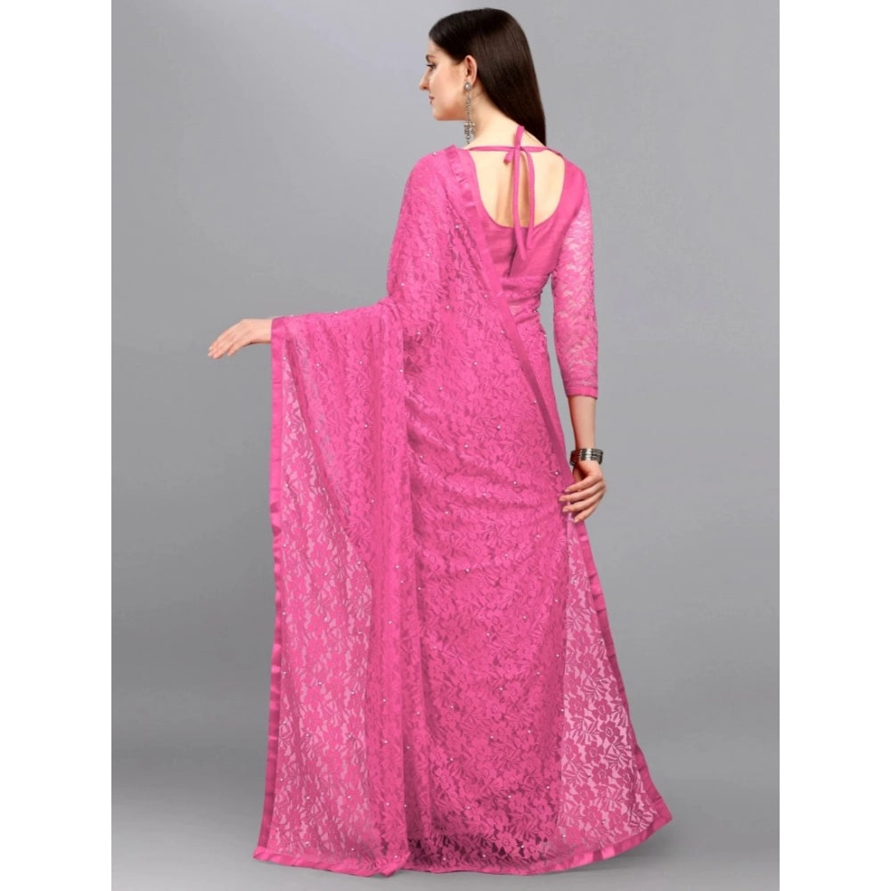 Generic Women's Net Self Design Saree With Unstitched Blouse 5.5Mtr (Dark Pink)