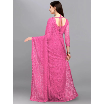 Generic Women's Net Self Design Saree With Unstitched Blouse 5.5Mtr (Dark Pink)