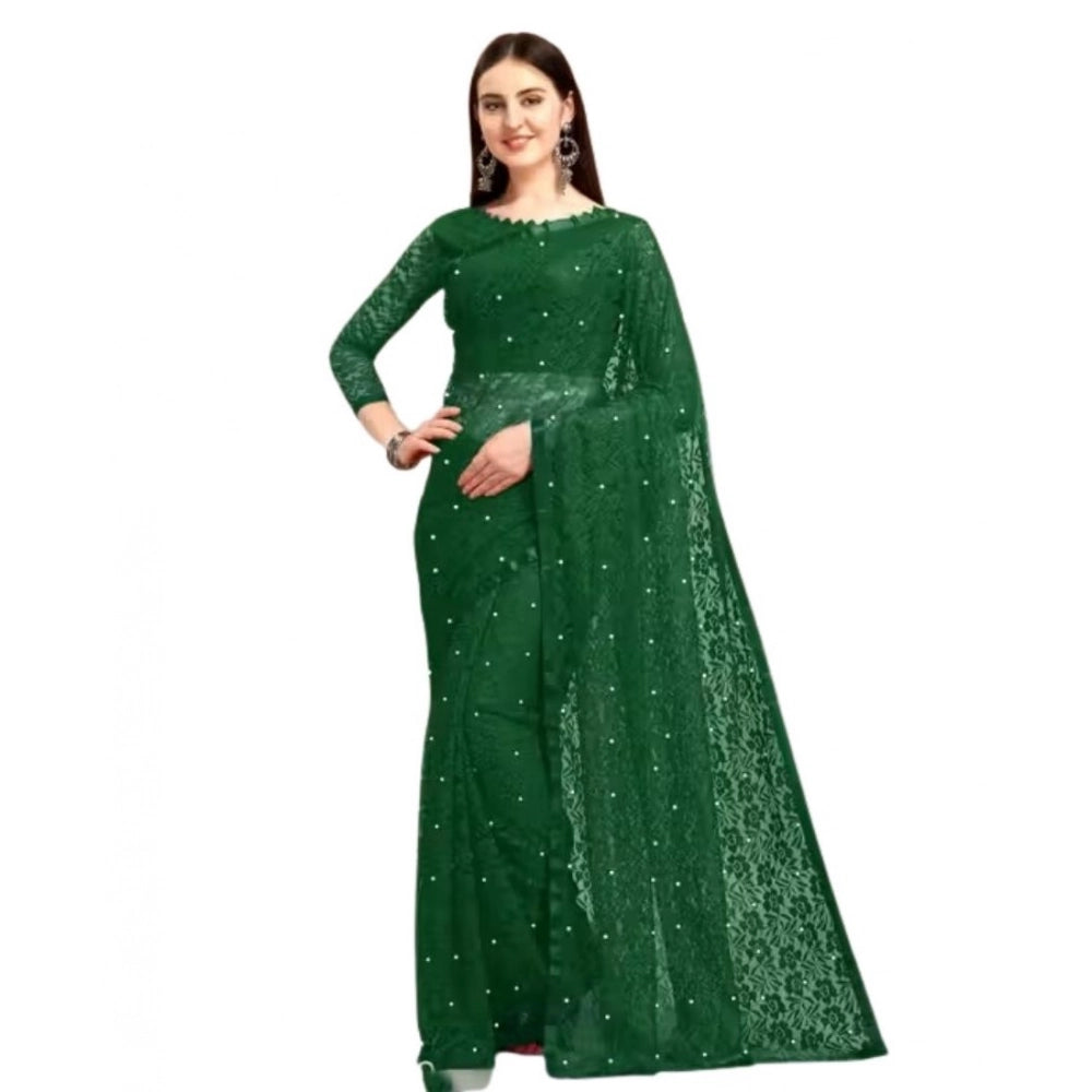Generic Women's Net Self Design Saree With Unstitched Blouse 5.5Mtr (Green)