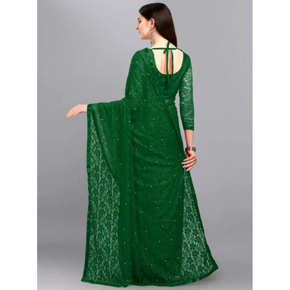 Generic Women's Net Self Design Saree With Unstitched Blouse 5.5Mtr (Green)