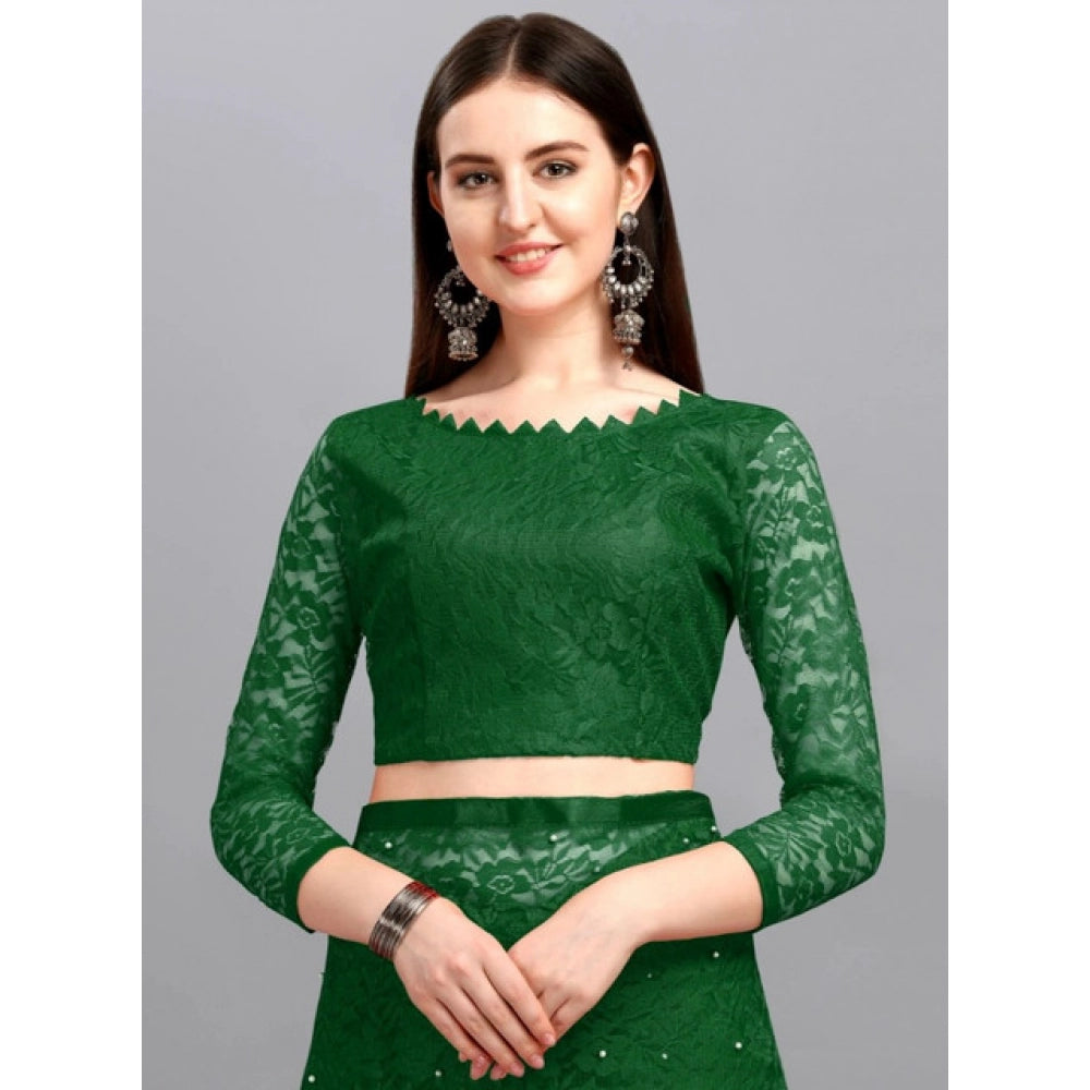 Generic Women's Net Self Design Saree With Unstitched Blouse 5.5Mtr (Green)