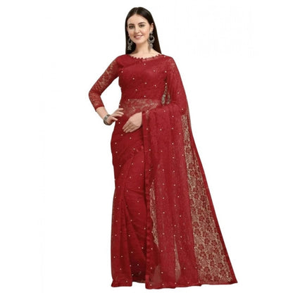 Generic Women's Net Self Design Saree With Unstitched Blouse 5.5Mtr (Maroon)