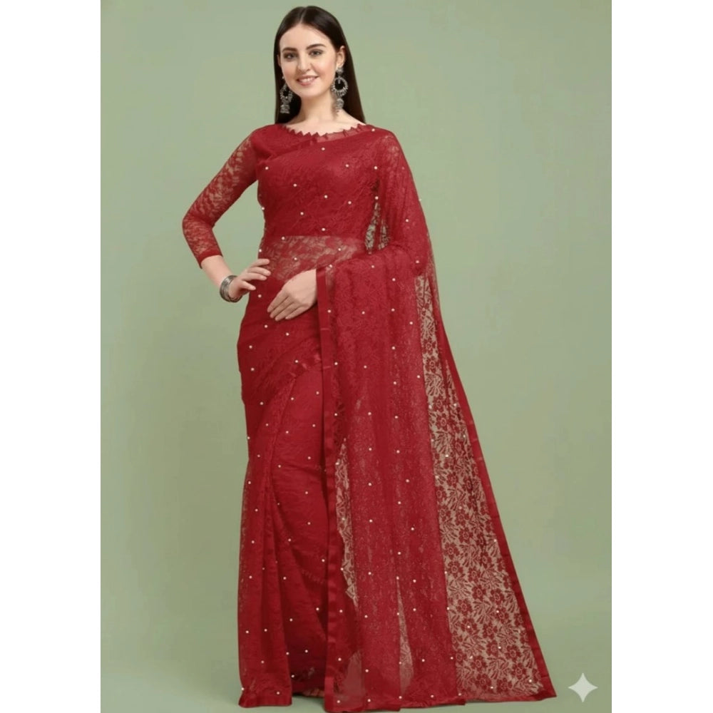 Generic Women's Net Self Design Saree With Unstitched Blouse 5.5Mtr (Maroon)