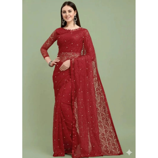 Generic Women's Net Self Design Saree With Unstitched Blouse 5.5Mtr (Maroon)