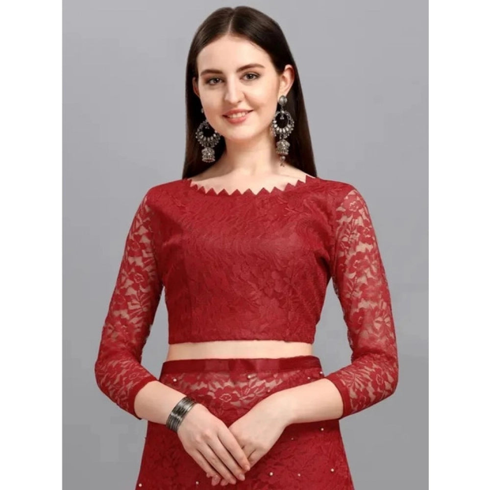 Generic Women's Net Self Design Saree With Unstitched Blouse 5.5Mtr (Maroon)
