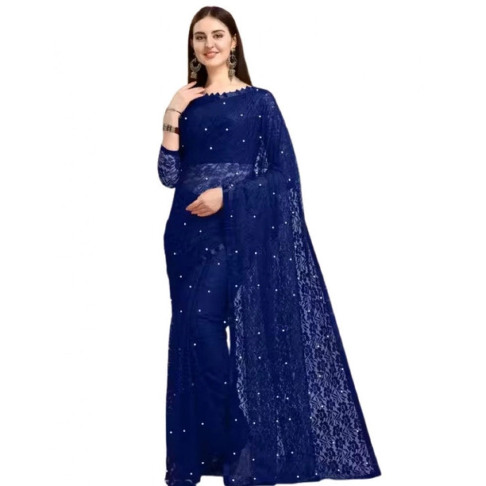 Generic Women's Net Self Design Saree With Unstitched Blouse 5.5Mtr (Navy Blue)