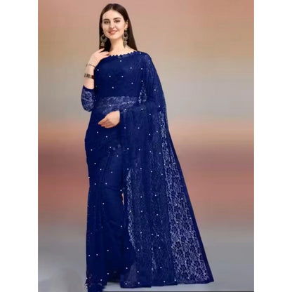 Generic Women's Net Self Design Saree With Unstitched Blouse 5.5Mtr (Navy Blue)