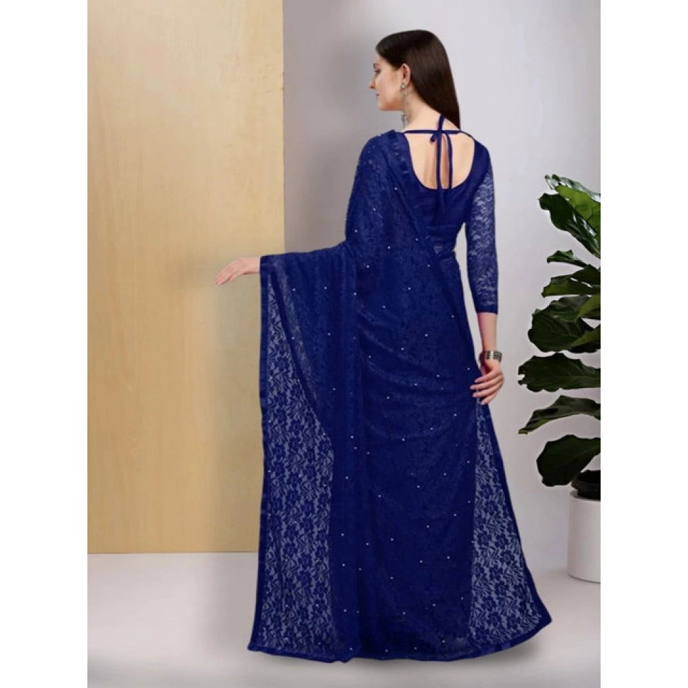 Generic Women's Net Self Design Saree With Unstitched Blouse 5.5Mtr (Navy Blue)