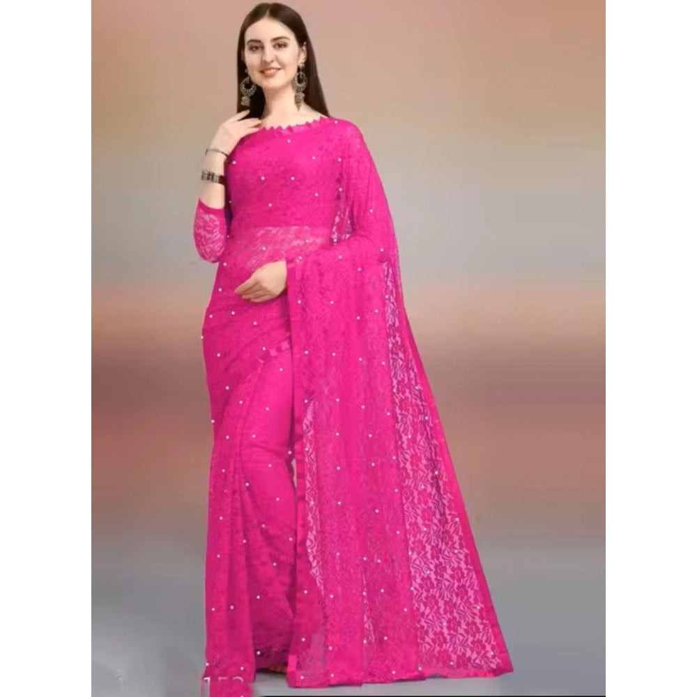 Generic Women's Net Self Design Saree With Unstitched Blouse 5.5Mtr (Rani)